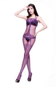 Blancho SE-168-PURPLE Sexy Lady Stripe Open Crotch Body Stocking - Purple - Medium
