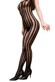 Blancho SE-104 Sexy Black Sheer Striped Lace Cami Body Stocking - Black - Medium